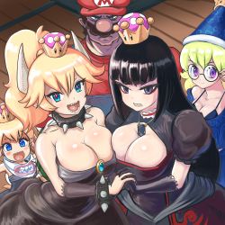 Rule 34 | &gt;:(, 1boy, 4girls, adjusting eyewear, asymmetrical docking, bare shoulders, black collar, black dress, black hair, blue eyes, bowser jr., bowsette, bowsette jr., bracelet, breast press, breasts, brown hair, bullet bill, chain chomp, child, cleavage, cleavage cutout, clenched teeth, closed mouth, clothing cutout, collar, commentary, crown, dress, elbow gloves, english commentary, facial hair, glasses, gloves, green hair, hair between eyes, hat, height difference, high ponytail, highres, holding hands, horns, humanization, interlocked fingers, jewelry, kamek, large breasts, long hair, looking at viewer, mario, mario (series), multiple girls, mustache, new super mario bros. u deluxe, nintendo, open mouth, orange hair, overalls, pendant, pointy ears, princess chain chomp, profitshame, purple eyes, red pupils, sharp teeth, smile, spiked bracelet, spiked collar, spiked shell, spikes, strapless, strapless dress, super crown, sweater, teeth, turtle shell, v-shaped eyebrows, wizard hat
