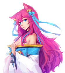 Rule 34 | 1girl, 2020, ahri (league of legends), animal ear fluff, animal ears, bare shoulders, bell, blue eyes, blue ribbon, breasts, cleavage, closed mouth, commentary, eyebrows hidden by hair, facial mark, fox ears, fox girl, hair between eyes, hair over shoulder, hair ribbon, jingle bell, league of legends, lips, long hair, long sleeves, looking at viewer, off shoulder, official alternate costume, pink hair, ribbon, signature, simple background, solo, spirit blossom ahri, upper body, vmat, whisker markings, white background, wide sleeves