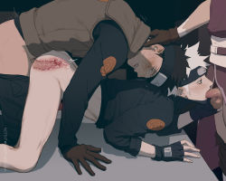 Rule 34 | 3boys, anal, ass, black hair, bluesy, blush, bottomless, closed eyes, colored skin, crying, cum, doggystyle, dual persona, fellatio, fingerless gloves, forehead protector, gloves, grey hair, group sex, hatake kakashi, highres, long sleeves, male focus, male penetrated, mmm threesome, multicolored skin, multiple boys, naruto (series), oral, pants, partially undressed, penis, scar, scar on face, sex, sex from behind, short hair, spitroast, tears, teeth, testicles, threesome, two-tone skin, uchiha obito, x-ray, yaoi