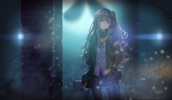 Rule 34 | 1girl, armband, black ribbon, black skirt, blurry, blurry background, brown hair, city lights, closed mouth, exoskeleton, girls&#039; frontline, gloves, hair between eyes, hair ornament, hands in pockets, head tilt, highres, hood, hood down, hooded jacket, jacket, katee, light particles, long hair, looking at viewer, neck ribbon, night, one side up, open clothes, open jacket, outdoors, pantyhose, pleated skirt, ribbon, scar, scar across eye, scar on face, scarf, scenery, shirt, sidelocks, skirt, smile, solo, ump45 (girls&#039; frontline), untucked shirt, wavy hair, white shirt, yellow eyes
