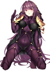 Rule 34 | 1girl, armor, bodysuit, breasts, chain, covered navel, fate/grand order, fate (series), head chain, highres, jewelry, large breasts, long hair, looking at viewer, pauldrons, pirapirapirapira, purple bodysuit, purple hair, red eyes, scathach (fate), scathach (fate), shoulder armor, veil