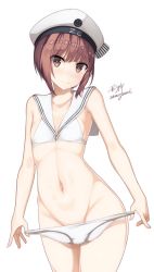 Rule 34 | 10s, 1girl, artist name, bikini, bottomless, bow, brown eyes, brown hair, closed mouth, clothes writing, collarbone, commentary request, cowboy shot, eyebrows, flat chest, groin, hat, hat bow, holding, holding clothes, holding panties, holding swimsuit, holding underwear, kantai collection, looking at viewer, matching hair/eyes, navel, panties, peaked cap, sailor bikini, sailor collar, sailor hat, samegami, short hair, signature, simple background, solo, standing, striped, striped bow, swimsuit, underwear, unworn bikini bottom, unworn panties, white background, white bikini, white hat, z3 max schultz (kancolle)