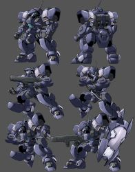 Rule 34 | blue eyes, character sheet, chibi, clenched hands, from behind, from side, gun, haganef, holding, holding gun, holding shield, holding weapon, looking ahead, looking at viewer, mecha, no humans, open hand, original, robot, shield, weapon