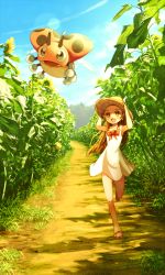 Rule 34 | 1girl, :d, aged down, armpits, arms up, artistic error, bare arms, bare legs, bare shoulders, bow, bowtie, brown eyes, brown hair, brown hat, cloud, collarbone, commentary request, creatures (company), day, dress, field, flower, flower field, full body, game freak, gen 2 pokemon, green eyes, gym leader, hat, holding, holding clothes, holding hat, jasmine (pokemon), ledyba, leg up, lens flare, light rays, long hair, nintendo, no legwear, no socks, open mouth, path, plant, pokemon, pokemon (creature), pokemon hgss, red bow, red bowtie, revision, ribero, road, running, sandals, shadow, sleeveless, sleeveless dress, smile, summer, sun hat, sundress, sunflora, sunflower, sunflower field, sunlight, wrong foot
