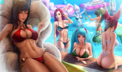 Rule 34 | 6+girls, ahri (league of legends), akali, animal ears, aqua hair, armpits, arms up, ass, bikini, black bikini, black hair, blue skin, braid, breasts, caitlyn (league of legends), censored, cleavage, colored skin, commentary, criss-cross halter, english commentary, evelynn (league of legends), everyone, facial mark, facing away, facing viewer, food print, fox ears, green bikini, green eyes, green hair, hair over shoulder, halterneck, hat, innertube, janna (league of legends), katarina (league of legends), large breasts, league of legends, leaning, lens flare, limgae, lips, long hair, looking at viewer, medium breasts, mermaid, monster girl, multicolored hair, multiple girls, multiple tails, nami (league of legends), nude, one-piece swimsuit, one eye closed, open mouth, patreon username, ponytail, pool, red bikini, red hair, revealing clothes, scar, scar across eye, scar on face, short hair with long locks, sitting, slit pupils, smile, sona (league of legends), soraka (league of legends), standing, swim ring, swimsuit, tail, tan, tattoo, twintails, two-tone hair, unworn bikini, v, water, watermark, watermelon print, web address, whisker markings, white one-piece swimsuit, xayah, yellow eyes