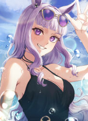 Rule 34 | 1girl, absurdres, animal ears, black one-piece swimsuit, blue sky, breasts, bubble, cleavage, cloud, cloudy sky, commentary request, ear ornament, gold ship (run revolt launcher) (umamusume), gold ship (umamusume), grey hair, grin, hair ornament, highres, horse ears, horse girl, long hair, looking at viewer, manunnu, medium breasts, official alternate costume, official alternate hairstyle, one-piece swimsuit, outdoors, purple eyes, sky, smile, solo, swimsuit, umamusume, upper body, w