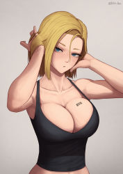 Rule 34 | 1girl, android 18, arms up, barcode, barcode tattoo, black tank top, blue eyes, bob cut, breast tattoo, breasts, cleavage, collarbone, crop top, dragon ball, dragonball z, greyscale, hands in hair, highres, kris null, large breasts, looking at viewer, monochrome, parted lips, short hair, simple background, solo, strap gap, tank top, tattoo, upper body