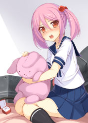 Rule 34 | 10s, 1girl, absurdres, black socks, blue skirt, blush, crying, crying with eyes open, doll, hugging doll, hair bobbles, hair ornament, highres, jewelry, kageira, kantai collection, looking at viewer, nose blush, hugging object, open mouth, pink hair, pleated skirt, rabbit, red eyes, ring, sazanami (kancolle), school uniform, serafuku, short hair, skirt, socks, solo, stuffed animal, stuffed rabbit, stuffed toy, tears, twintails, wedding band, wedding ring