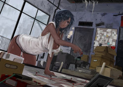 Rule 34 | 1girl, apt, arm support, bare arms, bare shoulders, bent over, between fingers, black hair, blue eyes, blue nails, book, box, breasts, bulletin board, cardboard box, cleavage, commentary request, crack, cracked wall, dark-skinned female, dark skin, door, fingernails, grey shorts, gym shorts, hair ornament, hair over one eye, hairclip, highres, holding, indoors, industrial pipe, large breasts, light smile, lips, looking at viewer, nail polish, note, original, parted lips, photo (object), scissors, see-through, shelf, shirt, short hair, shorts, sleeveless, solo, standing, tank top, towel, towel around neck, unfinished, very dark skin, water drop, wet, wet clothes, wet shirt, window