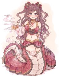 Rule 34 | 10s, 1girl, 7010, blue eyes, blush, bottle, bow, breasts, brown hair, choker, cleavage, detached sleeves, earrings, frilled skirt, frills, granblue fantasy, hair bow, heart pendant, ichinose shiki, idolmaster, idolmaster cinderella girls, jewelry, lamia, large breasts, long hair, looking at viewer, midriff, miniskirt, monster girl, navel, necklace, plaid, plaid skirt, potion, scales, skirt, slit pupils, smile, solo, twintails, two side up, wavy hair