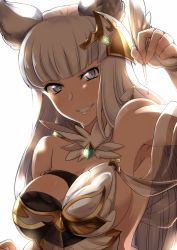 Rule 34 | 10s, 1girl, animal ears, armpits, asymmetrical clothes, backlighting, bare shoulders, bloom, blunt bangs, breasts, cat ears, cleavage, erune, granblue fantasy, grin, hair ornament, highres, holding, korwa, kurosawa shouichi, large breasts, long hair, looking at viewer, medium breasts, purple eyes, quill, smile, solo, upper body, white hair