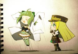Rule 34 | &gt; &lt;, 2girls, ahoge, alina gray, aqua eyes, black bow, black footwear, black headwear, black vest, blonde hair, blunt bangs, blunt ends, blush, boots, bow, chibi, closed eyes, full body, green hair, hand to own mouth, hat, jumping, kym, long sleeves, looking at another, magia record: mahou shoujo madoka magica gaiden, magical girl, mahou shoujo madoka magica, miyako hinano, multicolored clothes, multicolored hair, multicolored skirt, multiple girls, open mouth, peaked cap, pleated skirt, puffy short sleeves, puffy sleeves, short hair, short sleeves, skirt, sleeves past fingers, sleeves past wrists, smile, standing, straight hair, streaked hair, striped clothes, striped skirt, vertical-striped clothes, vertical-striped skirt, vest, waist bow