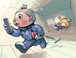 Rule 34 | 1boy, 1girl, alien, asaikaina, bag, black eyes, blue collar, blue jumpsuit, blush, blush stickers, boots, cellphone, closed eyes, collar, collin (pikmin), commentary request, cowlick, dog, eyelashes, falling, floppy ears, flying sweatdrops, gloves, green eyes, grey hair, happy halloween, holding, holding bag, holding phone, holding tool, indoors, jumpsuit, nervous smile, nintendo, no headwear, nose blush, oatchi (pikmin), open mouth, outstretched hand, phone, pikmin (series), pikmin 4, pink hair, pointy ears, rescue officer (pikmin), red bag, running, shadow, short hair, smartphone, smile, spacesuit, spots, tongue, tongue out, tool kit, tools, white footwear, white gloves, yellow fur