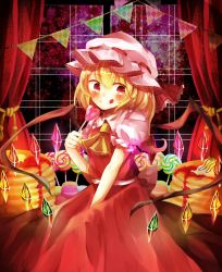 Rule 34 | 1girl, :q, ascot, bad id, bad pixiv id, between legs, blonde hair, blush, butter, candy, curtains, flandre scarlet, food, hand between legs, hat, hat ribbon, highres, lollipop, looking at viewer, macaron, mob cap, pancake, puffy short sleeves, puffy sleeves, red eyes, ribbon, shinonome myoke, short hair, short sleeves, side ponytail, skirt, skirt set, solo, pancake stack, streamers, swirl lollipop, syrup, tongue, tongue out, touhou, window, wings
