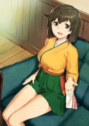 Rule 34 | 10s, 1girl, :d, breasts, brown eyes, brown hair, green hakama, hair between eyes, hakama, hakama skirt, hiryuu (kancolle), japanese clothes, jewelry, kantai collection, kimono, large breasts, open mouth, poco (backboa), ring, short hair, signature, sitting, skirt, smile, solo, wedding band, wide sleeves