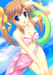 Rule 34 | 1girl, arm up, bare arms, bare shoulders, beach, bikini, blue eyes, breasts, brown hair, character request, cleavage, cloud, cloudy sky, collarbone, day, dutch angle, frilled bikini, frills, front-tie bikini top, front-tie top, hair ribbon, horizon, innertube, looking at viewer, medium breasts, mizuhara yuu, ocean, open mouth, outdoors, ribbon, sarong, sky, smile, solo, swim ring, swimsuit, twintails, water, white bikini