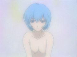 Rule 34 | 1girl, animated, animated gif, ayanami rei, blue hair, breasts, looking at viewer, lowres, neon genesis evangelion, no nipples, nude, pov, red eyes, screencap, short hair, small breasts, smile, solo
