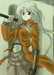 Rule 34 | 00s, 1girl, archerko (himura kiseki), braid, colorized, fate/stay night, fate (series), gauntlets, himura kiseki, holding, jacket, long hair, looking at viewer, open mouth, over shoulder, red eyes, red jacket, silver hair, sketch, solo, sword, weapon, weapon over shoulder