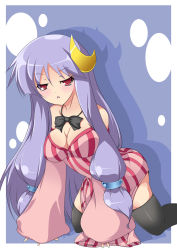 Rule 34 | 1girl, all fours, bare shoulders, black thighhighs, blush, bow, bowtie, breasts, cleavage, crescent, crescent hair ornament, dress, female focus, frown, hair ornament, hair ribbon, hat, kotepo, large breasts, long hair, patchouli knowledge, purple hair, red eyes, ribbon, solo, striped clothes, striped dress, thighhighs, touhou, unworn hat, unworn headwear, very long hair