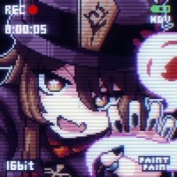 Rule 34 | 1girl, :d, artist name, black hat, black nails, boo tao (genshin impact), brown hair, fang, genshin impact, ghost, ghost pose, hat, hu tao (genshin impact), jewelry, looking at viewer, open mouth, paintpain, pixel art, porkpie hat, ring, skin fang, smile, solo, symbol-shaped pupils, thumb ring, viewfinder