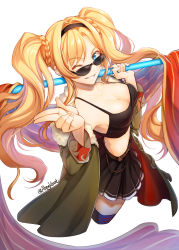 Rule 34 | 1girl, ahngkeut, bare shoulders, blonde hair, blue eyes, breasts, cleavage, coat, granblue fantasy, hair between eyes, hair intakes, hairband, highres, large breasts, long hair, looking at viewer, looking over eyewear, looking over glasses, midriff, o-ring, o-ring top, one eye closed, parted lips, pleated skirt, polearm, shirt, skirt, smile, solo, spear, sunglasses, taut clothes, taut shirt, thighhighs, tinted eyewear, twintails, weapon, zeta (granblue fantasy)