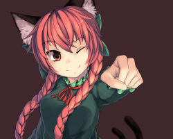 Rule 34 | 1girl, 463 jun, animal ears, bow, braid, cat ears, cat tail, clenched hand, hair bow, highres, kaenbyou rin, long hair, multiple tails, one eye closed, red eyes, red hair, smile, solo, tail, touhou, twin braids, twintails, wink