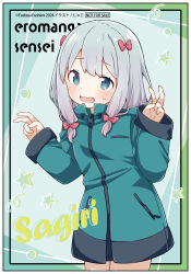 Rule 34 | 1girl, blue eyes, blue jacket, blush, bow, character name, copyright name, cowboy shot, double v, eromanga sensei, grey background, grey hair, hair bow, hands up, highres, izumi sagiri, jacket, jako (jakoo21), long hair, long sleeves, looking at viewer, open mouth, pink bow, sleeves past wrists, small sweatdrop, solo, sweat, v, wavy mouth