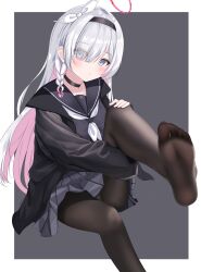 Rule 34 | 1girl, absurdres, black serafuku, blue archive, blush, closed mouth, dot mouth, feet, grey eyes, gugu0v0, hair over one eye, hairband, hand on own knee, highres, long hair, looking at viewer, panties, panties under pantyhose, pantyhose, pantyshot, plana (blue archive), school uniform, serafuku, silver hair, soles, toes, underwear