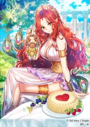 Rule 34 | 1girl, anklet, arm support, armlet, blue sky, breasts, cake, cleavage, column, copyright name, day, doll, dress, fantasy, food, fruit, grapes, greek mythology, green eyes, heart, hera (mythology), jewelry, large breasts, crossed legs, long hair, looking at viewer, official art, original, outdoors, peacock feathers, pillar, red hair, sid story, sila (carpen), sky, solo, strawberry, tree, very long hair, white dress