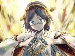 Rule 34 | 10s, 1girl, black hair, blue eyes, brass knuckles, detached sleeves, fire, glasses, hairband, highres, kantai collection, kirishima (kancolle), nontraditional miko, short hair, sketch, smile, solo, suna nezumi, weapon