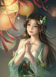 Rule 34 | 1girl, absurdres, baiguio (zhu xian), brown hair, butterfly hair ornament, clothing cutout, dress, facial mark, forehead mark, green dress, hair ornament, highres, jewelry, lantern, long hair, long sleeves, looking up, necklace, night, ning mengmeng, own hands clasped, own hands together, shoulder cutout, smile, solo, upper body, zhu xian