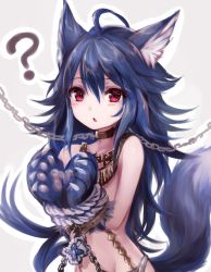Rule 34 | 10s, 1girl, ?, ahoge, animal ear fluff, animal ears, animal hands, bdsm, blue hair, blush, bondage, bound, bound wrists, chain, fenrir (shingeki no bahamut), granblue fantasy, hair between eyes, highres, jewelry, long hair, looking at viewer, necklace, out of character, pink eyes, red eyes, shingeki no bahamut, simple background, solo, sukemyon, tail, wolf ears, wolf paws, wolf tail