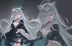 Rule 34 | 1girl, aged up, animal ear fluff, animal ears, black dress, blue archive, blue eyes, breasts, broken halo, cleavage, collarbone, cross hair ornament, dress, extra ears, grey hair, hair ornament, halo, large breasts, long hair, long sleeves, looking at viewer, multiple views, sanom, shiroko (blue archive), shiroko terror (blue archive), thigh strap, thighs, wolf ears
