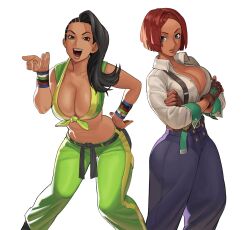 Rule 34 | 2girls, absurdres, arc system works, asymmetrical hair, black hair, blue eyes, braid, breasts, brown eyes, capcom, cleavage, cornrows, country connection, crossover, dress shirt, fingerless gloves, giovanna (guilty gear), gloves, green pants, green tank top, guilty gear, guilty gear strive, highres, large breasts, laura matsuda, martial arts belt, matheu gafanhot, multiple girls, pants, partially fingerless gloves, red hair, shirt, street fighter, street fighter v, suspenders, tank top, white background