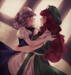 Rule 34 | 2girls, apron, arm around back, blush, brown eyes, commentary, dancing, face-to-face, green eyes, holding hands, hat, hong meiling, interlocked fingers, izayoi sakuya, looking at another, maid headdress, multiple girls, open mouth, orz (kagewaka), red hair, smile, star (symbol), touhou, white hair, yuri