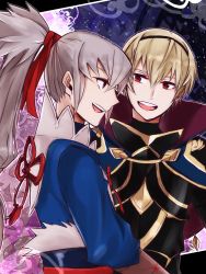 Rule 34 | 2boys, armor, blonde hair, cape, chlxms, fire emblem, fire emblem fates, grey hair, leo (fire emblem), long hair, male focus, multiple boys, nintendo, open mouth, ponytail, red eyes, takumi (fire emblem)