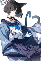 Rule 34 | 1girl, absurdres, animal ears, black choker, black eyes, black hair, black nails, black sailor collar, black skirt, blue archive, blue halo, blue neckerchief, cat&#039;s cradle, cat ears, cat tail, choker, closed mouth, fingernails, halo, haori, highres, japanese clothes, kikyou (blue archive), long sleeves, looking at viewer, multiple tails, nail polish, neckerchief, pleated skirt, sailor collar, school uniform, serafuku, short hair, simple background, skirt, solo, tail, two tails, white background, youik16