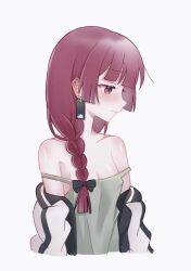 Rule 34 | 1girl, absurdres, bare shoulders, bestramos, black bow, black jacket, blunt bangs, blush, bocchi the rock!, bow, braid, breasts, cleavage, closed mouth, commentary request, cropped torso, dress, ear blush, earrings, green dress, hair bow, hair over shoulder, highres, hiroi kikuri, jacket, jewelry, long hair, long sleeves, multicolored clothes, multicolored jacket, off shoulder, open clothes, open jacket, profile, purple eyes, purple hair, ringed eyes, sad, simple background, single braid, small breasts, solo, spaghetti strap, two-tone jacket, upper body, white background, white jacket
