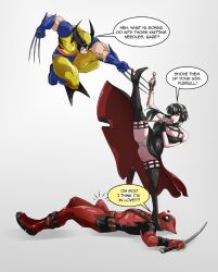 Rule 34 | 1girl, 2boys, accidental pervert, battle, black dress, black hair, boots, breasts, bulge, claws, cleavage, commission, crossover, dagger, deadpool, deadpool (series), dress, english text, erection, erection under clothes, fighting, fighting stance, hair ornament, heart, heart-shaped eyes, high heels, highres, knife, large breasts, legs, marvel, mask, mortadela, multiple boys, panties, pantyshot, red eyes, split, spy x family, stiletto (weapon), sword, thigh boots, underwear, upskirt, weapon, white background, wolverine (x-men), x-men, yor briar
