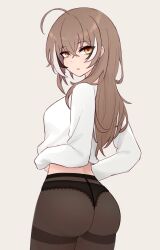 Rule 34 | ahoge, alternate costume, ass, breasts, brown eyes, brown hair, casual, clothes lift, cowboy shot, crossed bangs, from behind, hair between eyes, hair down, highres, hololive, hololive english, lace, lace-trimmed panties, lace trim, long hair, long sleeves, looking at viewer, looking back, m r b, medium breasts, midriff peek, multicolored hair, nanashi mumei, open mouth, panties, panties under pantyhose, pantyhose, shirt, shirt lift, simple background, streaked hair, thick eyelashes, thighband pantyhose, thong, underwear, virtual youtuber, white shirt