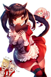 Rule 34 | 10s, 4girls, :d, ^ ^, animal ears, apron, bad id, bad pixiv id, black hair, black joa, blonde hair, candy, cat ears, cat tail, chibi, chocolate, chocolate heart, choker, closed eyes, dress, final fantasy, final fantasy xiv, food, frilled apron, frills, glasses, green eyes, heart, heart apron, highres, holding, juliet sleeves, lalafell, long sleeves, maid, maid apron, miqo&#039;te, multiple girls, no eyes, open mouth, original, pink hair, pointy ears, puffy sleeves, red-framed eyewear, red dress, red eyes, smile, sparkle, striped clothes, striped legwear, striped thighhighs, tail, thighhighs, twintails, v arms, warrior of light (ff14), white background