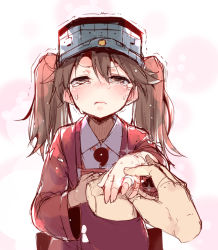 Rule 34 | 10s, 1girl, blush, brown eyes, brown hair, jewelry, kantai collection, karochii, looking at viewer, magatama, pov, marriage proposal, ring, ryuujou (kancolle), sketchbook, solo focus, tears, trembling, twintails, visor cap, wavy mouth, wedding band