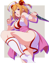Rule 34 | 1girl, ahoge, arm support, bob cut, boots, border, bracer, brown hair, commentary, double bun, earrings, fighting stance, grey background, hair bun, highres, holding, holding weapon, index finger raised, japanese clothes, jewelry, kimono, kunai, leg up, looking at viewer, ogin (pachislot), open mouth, outside border, pachislot koumonchama katsu, pink sash, purple eyes, qwel 08, sash, side slit, silhouette, sleeveless, sleeveless kimono, solo, standing, standing on one leg, weapon, white border, white footwear, white kimono, wristband