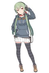 Rule 34 | 1girl, belt collar, boots, brown footwear, closed mouth, collar, contrapposto, full body, goggles, goggles around neck, green hair, grey hoodie, grey thighhighs, hair ribbon, half-closed eye, hand in pocket, hand on headphones, head tilt, headphones, headphones girl (itou), highres, hood, hood down, hoodie, itou (onsoku tassha), long sleeves, low twintails, orange eyes, original, pleated skirt, pouch, raised eyebrows, red ribbon, ribbon, simple background, skirt, solo, striped clothes, striped thighhighs, thighhighs, twintails, white background, white skirt, zettai ryouiki