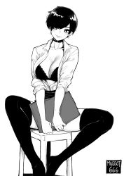 Rule 34 | 1girl, absurdres, artist name, bra, chair, choker, collared shirt, earrings, facing viewer, greyscale, highres, holding, jewelry, knees apart feet together, monochrome, norman maggot, office lady, olive laurentia, open clothes, open shirt, original, pixie cut, shirt, short hair, simple background, sitting, skirt, solo, spread legs, thighhighs, unbuttoned, unbuttoned shirt, underwear, white background