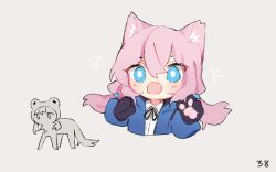 Rule 34 | 1girl, animal ears, animal hands, arknights, black ribbon, blue eyes, blue jacket, blue poison (arknights), blush, cat ears, cat girl, chibi, collared shirt, commentary, cropped torso, dress shirt, english commentary, fan request, fang, floating hair, gloves, grey background, hair between eyes, jacket, kemonomimi mode, long hair, long sleeves, looking at viewer, low twintails, neck ribbon, open clothes, open jacket, open mouth, paw gloves, pink hair, ribbon, ruri (dailybloopy), shirt, simple background, skin fang, smile, twintails, white shirt