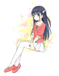 Rule 34 | 1girl, between legs, black hair, blouse, blue eyes, blush, bow, bow legwear, collarbone, commentary request, floral background, from side, full body, hair bow, hand between legs, hatsunatsu, highres, long hair, looking at viewer, looking to the side, mary janes, one side up, original, parted lips, pleated skirt, puffy short sleeves, puffy sleeves, red bow, red footwear, red shirt, ribbon, shirt, shoes, short sleeves, sitting, skirt, solo, thighhighs, v arms, white background, white bow, white ribbon, white skirt, white thighhighs