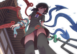 Rule 34 | 1girl, ahoge, animal, animal on arm, architecture, asymmetrical wings, black dress, black hair, black thighhighs, blue wings, bow, bowtie, breasts, brown nails, brown panties, center frills, closed mouth, commentary request, dress, east asian architecture, frilled shirt collar, frills, from below, hair between eyes, highres, holding, holding polearm, holding trident, holding weapon, houjuu nue, kawayabug, leaning to the side, looking at viewer, looking down, motion lines, nail polish, panties, pantyshot, pointy ears, polearm, red bow, red bowtie, red eyes, red wings, short dress, short hair, short sleeves, sidelocks, slit pupils, small breasts, snake, solo, swept bangs, thighhighs, tomoe (symbol), touhou, trident, ufo, underwear, upskirt, weapon, wings