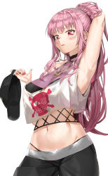 Rule 34 | absurdres, armpits, black headwear, black pants, breasts, choker, crop top, fishnet top, fishnets, highres, hololive, hololive english, large breasts, long hair, looking at viewer, midriff, mori calliope, mori calliope (streetwear), nail polish, official alternate costume, pants, pink eyes, pink hair, pixel (yuxian), ponytail, skull print, solo, straight hair, virtual youtuber