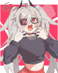 Rule 34 | 1girl, @ @, ahoge, black-framed eyewear, black choker, black sweater, blush, breath, choker, cropped sweater, djmax, djmax respect, eyepatch, fail (djmax), grey hair, hair ornament, hands up, highres, kazuhito (pixiv 26697978), long hair, long sleeves, looking at viewer, midriff, navel, open mouth, red background, red eyes, red skirt, saliva, simple background, skirt, solo, sweater, tearing up, twintails, upper body